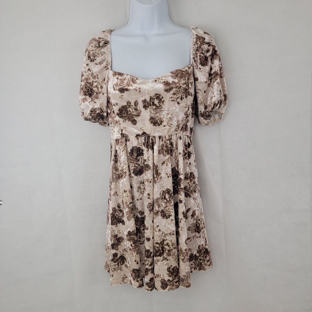 BLU PEPPER Womens Dress Sz S Sweetheart Puff Velvet Beige Floral Country Cowgirl
